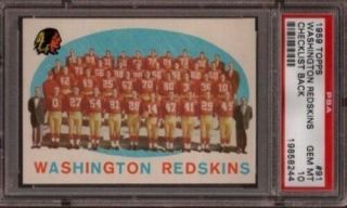 1959 Topps 91 Washington Redskins Team Psa 10 Gem,  Rare,  Checklist Back