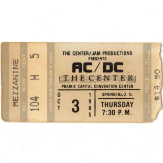Ac/dc & Yngwie Malmsteen Concert Ticket Stub Springfield Il 10/3/85 Prairie Rare