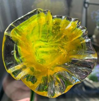 Rare Art Glass Yellow & Clear 19” Long Stem Glass Flower