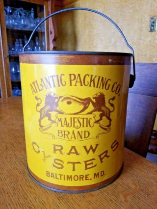 Rare Atlantic Packing Co Majestic Brand OYSTERS Tin Can Bail Handle Baltimore 2