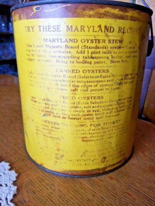 Rare Atlantic Packing Co Majestic Brand OYSTERS Tin Can Bail Handle Baltimore 4