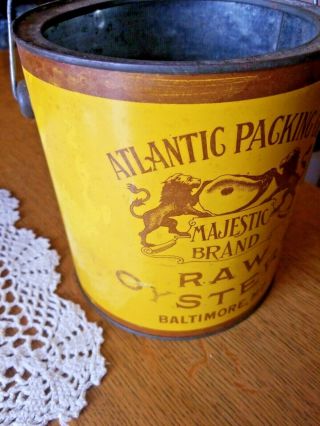 Rare Atlantic Packing Co Majestic Brand OYSTERS Tin Can Bail Handle Baltimore 8