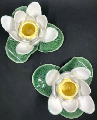 2 RARE Tiffany & Co Ceramic Lotus Candle Holders Handmade Made In Portugal 4