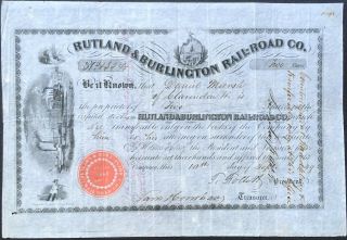 Rutland & Burlinton Rail - Road Co Stock 1849.  Vt.  Historic First Vt Railroad Rare