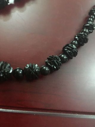 Rare Antique Victorian Whitby Jet Carved 16” Necklace Mourning 3
