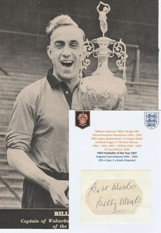 Billy Wright Wolverhampton Wanderers 1946 - 1959 Rare Autograph Cutting