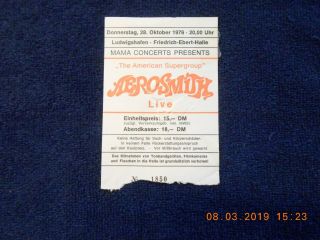 1976 Mega Rare Aerosmith Concert Ticket Stub Ludwigshafen Germany