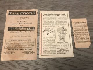 Rare 1920s Lionel Operating Directions Booklet,  Card & Inspection Card