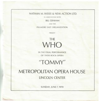 RARE THE WHO TOMMY Metropolitan Opera House Program David Byrd Fillmore East BG 3