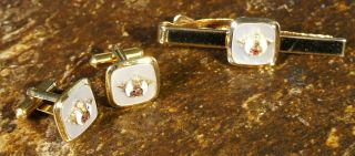 Vintage Masonic Tie Clip And Cuff Links Rare,  Mother Of Pearl With Gold Plate