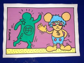 Vintage Keith Haring Watercolor On Paper Drawing Rare Signed