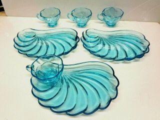 Rare 7 Piece Set Hazel Atlas Aqua Blue Fan Shell Snack Cups & Trays