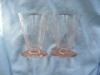 Two Rare Pink Mayfair " Open Rose " 3 Ounce Footed Juice Tumblers