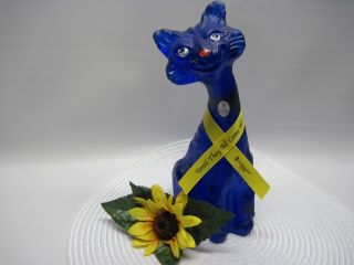 Fenton Alley Cat Rare Cobalt Blue Sanded Hp,  Ribbon " Until They All Come Home "