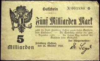 Friedberg 1923 Xx - Rare 5 Billion Mark Inflation Notgeld German Banknote Hessen
