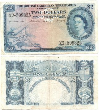 British Caribbean Territories 2 Dollars (2.  1.  1964) Pick 33d,  Very Fine Rare
