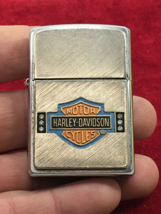 Very Rare Zippo Harley Davidson Orange Blue Crest With False Diamonds Lighter (c