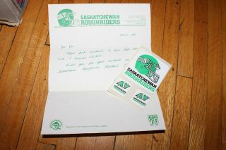 Vtg Saskatchewan Roughriders Sticker Set Cfl Rare W Official Hand Written Letter