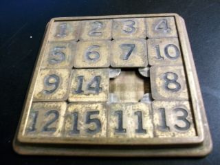 C.  1930 Vintage Antique Old Brass Slide Sliding 15 Number Rare Math Puzzle Game