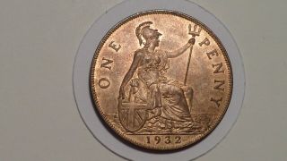 1932 Penny.  Unc.  90 Lustre.  Rare Thus.  George V.  1911 - 1936.  British.  1931.  1934