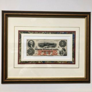 Rare 1861 Five Dollar Uncirculated Note From The North Western Bank W/frame