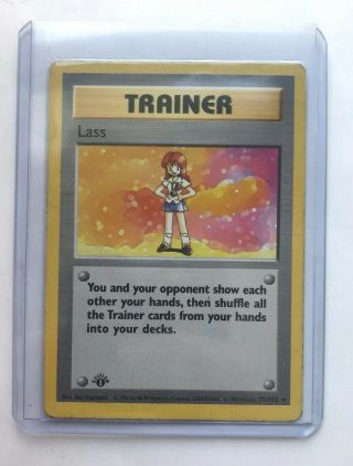 First Edition Shadowless Lass 75/102 Rare Pokemon Card.  Played