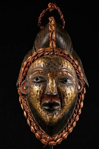 10016 Rare Punu Tribe Puka Shell Queen Mask Old African Wood Carved