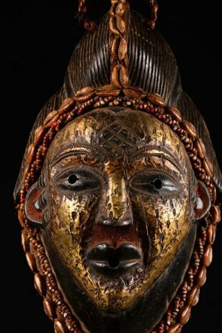 10016 Rare Punu TRIBE Puka Shell QUEEN MASK Old AFRICAN Wood CARVED 2