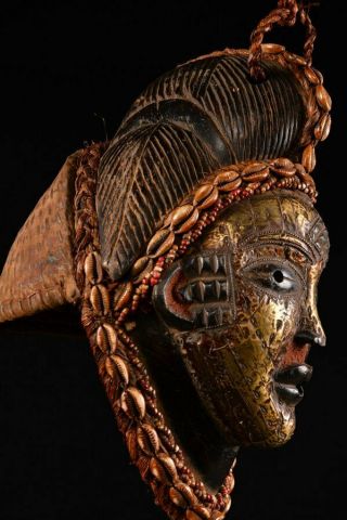 10016 Rare Punu TRIBE Puka Shell QUEEN MASK Old AFRICAN Wood CARVED 4