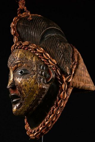 10016 Rare Punu TRIBE Puka Shell QUEEN MASK Old AFRICAN Wood CARVED 5
