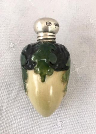 Rare Antique Porcelain Acorn Form Perfume Scent Bottle Silver Lid 1920