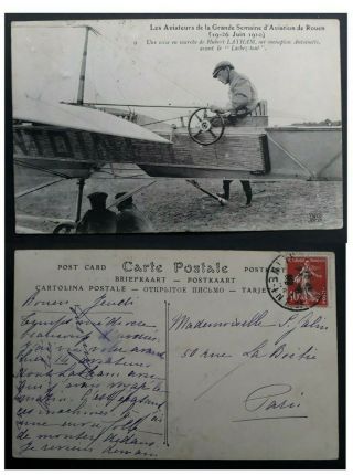 Rare 1910 France Postcard " Hubert Latham Aviator Rouen " Ties 10c Stamp To Paris