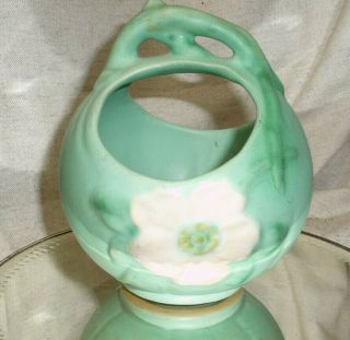 Antique Weller Art Pottery Matte Green Rose Bowl Vase White Dogwood Marked Rare