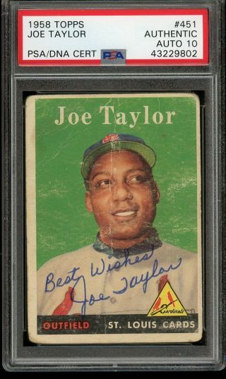 1958 Topps 451 Joe Taylor Cardinals Rare Auto 10 Psa/dna Signed Autographed