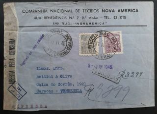 Rare 1945 Brazil Censor Express Cover Ties 2 Stamps To Caracas Venezuela