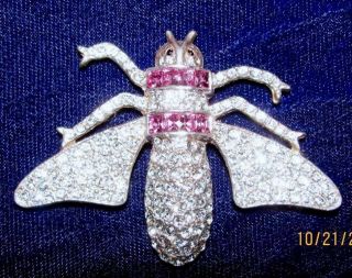Rare Huge Vintage Art Deco Reinad Book Pc Pink Dia Rhinestone Insect Bug Bee Pin