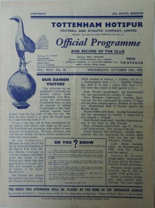 Tottenham / Spurs V Copenhagen 10 Oct 1951 - Rare Programme.