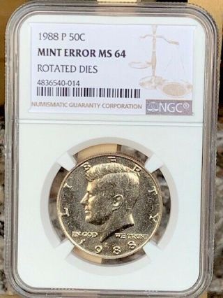 1988 - P 170 Degree Rotated Dies Kennedy Half Ngc Ms 64 170 Degrees - Rare