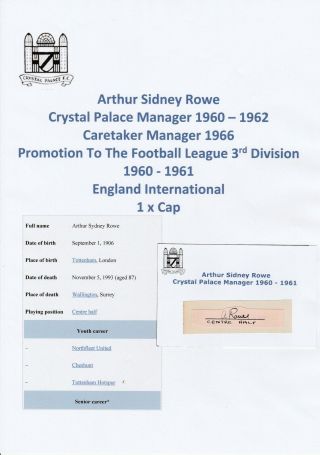 Arthur Rowe Crystal Palace Mgr 1960 - 1962 Very Rare Hand Signed Cutting