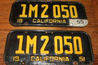 Rare 1951 Ca California Black License Plates,  Pair,  1m 2050,  Dmv Clear 1955 Tag