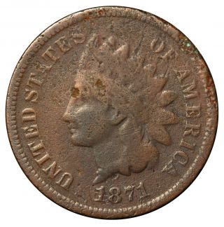 1871 U.  S.  Indian Head One Cent Penny Coin - Rare Key Date