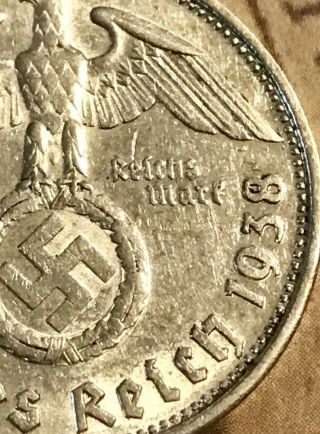 The Rare 1938 - B Silver Eagle Large Germany Ww2 Coin German Antique Third Reich