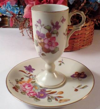 Rare Vintage Lefton China Hand Painted Tall Cup & Saucer 689 Gold Trim