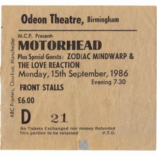 Motorhead & Zodiac Mindwarp Concert Ticket Stub Birmingham Uk 9/15/86 Odeon Rare