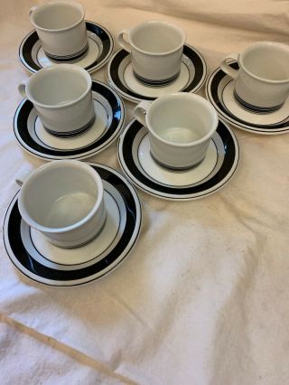 Stunning & Rare Set Of 6 Arabia Faenza Finland Black Stripe Tea Cups & Saucers