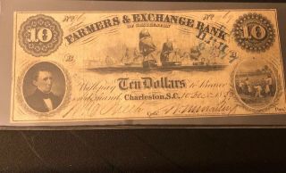 1800 ' s $10 FARMERS & EXCHANGE BANK CHARLESTON SC RARE HIGHER GRADE NOTE PIN HOLE 2