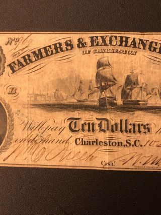 1800 ' s $10 FARMERS & EXCHANGE BANK CHARLESTON SC RARE HIGHER GRADE NOTE PIN HOLE 4