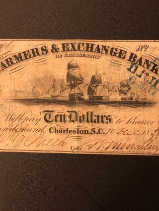1800 ' s $10 FARMERS & EXCHANGE BANK CHARLESTON SC RARE HIGHER GRADE NOTE PIN HOLE 5