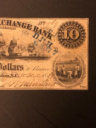 1800 ' s $10 FARMERS & EXCHANGE BANK CHARLESTON SC RARE HIGHER GRADE NOTE PIN HOLE 6