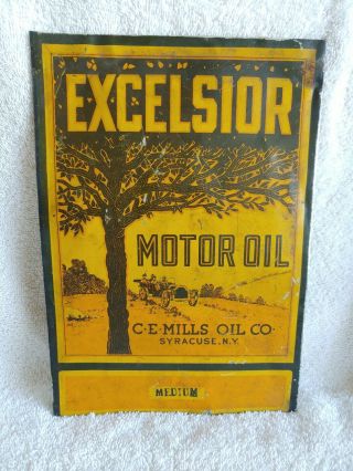 Rare Metal Excelsior Motor Oil Can 1 Gallon Cut Out C.  E.  Mills N.  Y Sign